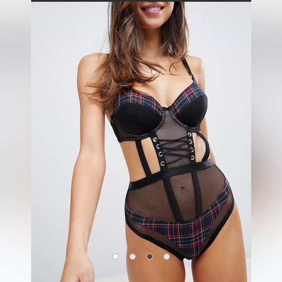 ASOS Tops - ASOS DESIGN Zola Plaid Mesh Lace Up Bodysuit Corset Underwear Camisole 34B